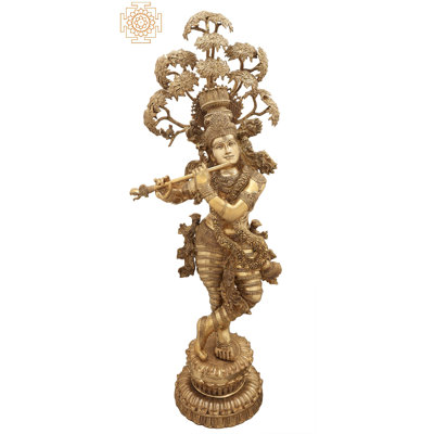 57" Hand-Carved Brass Krishna Statue with Kadamba Tree – Large Indian Floor Sculpture (166 lbs)