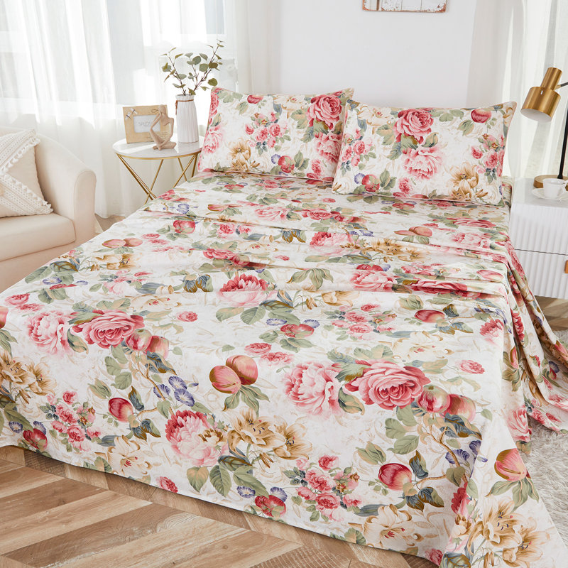 100% Egyptian Cotton Fitted Sheet Set, 4pcs Vintage Country Garden Floral Print Bedding Set, For Guest Room Student Dorm All Seasons