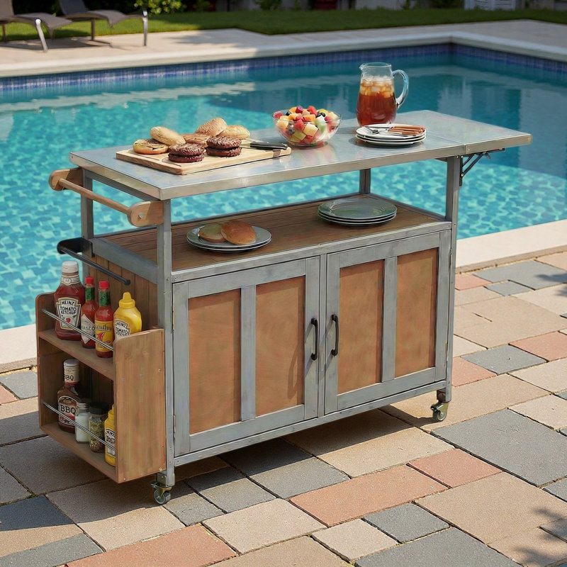 Foldable Outdoor Kitchen Island Patio Mobile Kitchen Cart Portable Outdoor Cooking Island With Lockable Wheels, Storage Cabinet And Towel Rack For Patio And Outdoor