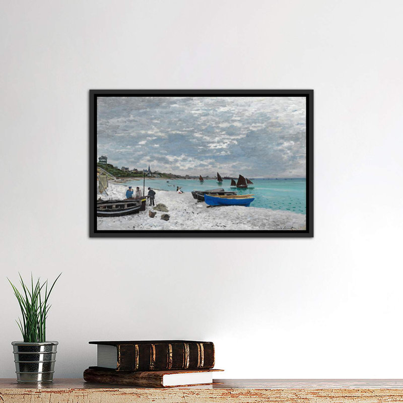 La plage à Saint-Adresse par Claude Monet - reproduction d'art, H 18 po x l 26 po x P 1,5 po, Toile avec cadre noir patiné