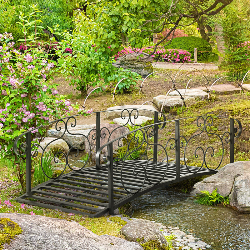 Outsunny 6' Metal Arch Backyard Garden Bridge, Safety Siderails, Arc Footbridge for Backyard Creek, Stream, Pond, Black