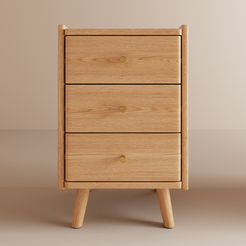 Solid Wood Mid‑Century Modern 3‑Drawer Bedroom Nightstand, Tan, 25.59" H