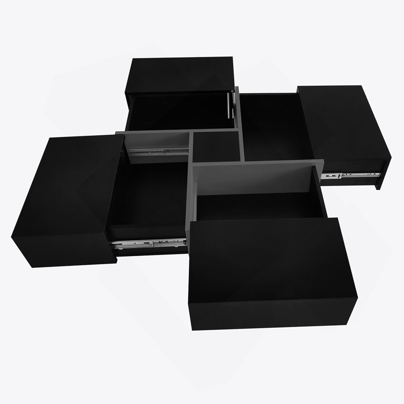 Table basse au design unique avec 4 compartiments de rangement cachés, table basse carrée, Noir