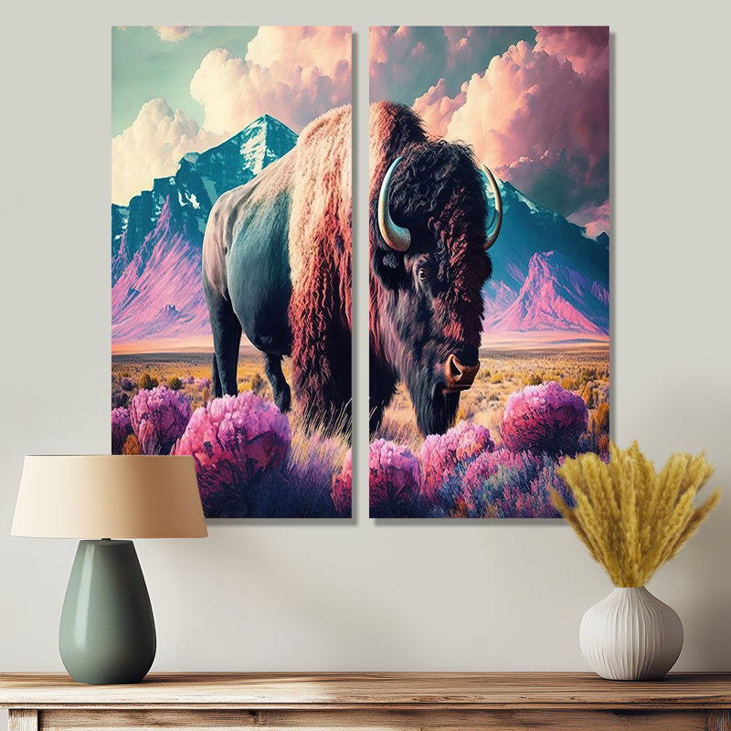 Buffalo avec paysage - crème, art mural moderne, H 40 po x l 40 po, Toile tendue, Ne s’applique pas