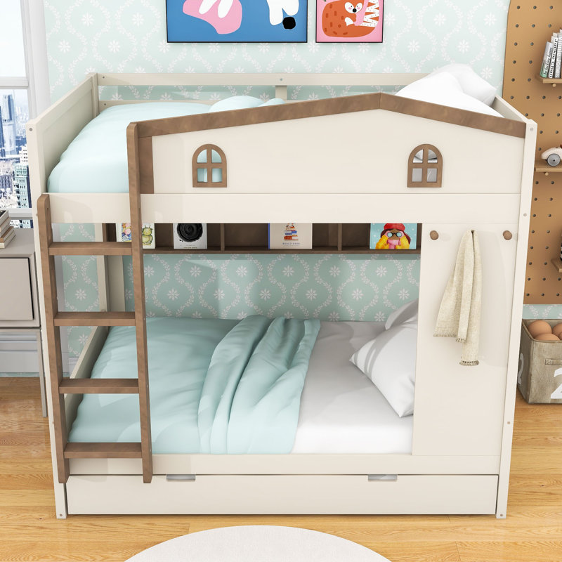 Wood Bunk Bed with Trundle and Storage Shelves,Ladder, Beige Natural, Full Over Full