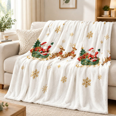 Cozy Christmas Santa Sleigh Reindeer Snowflakes Fleece Blanket for Sofa Couch Bed Home Decor