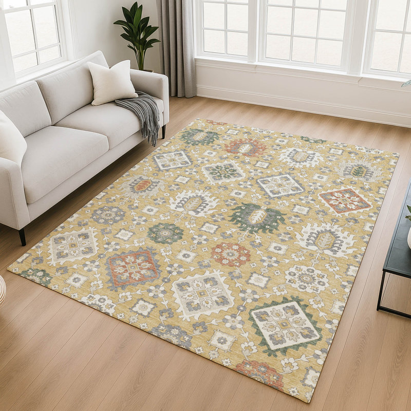 Premium Machine Washable Mayfield AMF2200 bohemian Rug, Gold, 5' x 7'6"