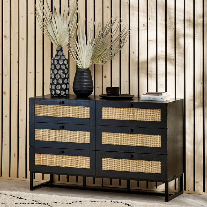 Reese 120cm W 6 - Drawer Chest of Drawers, Black/Rattan