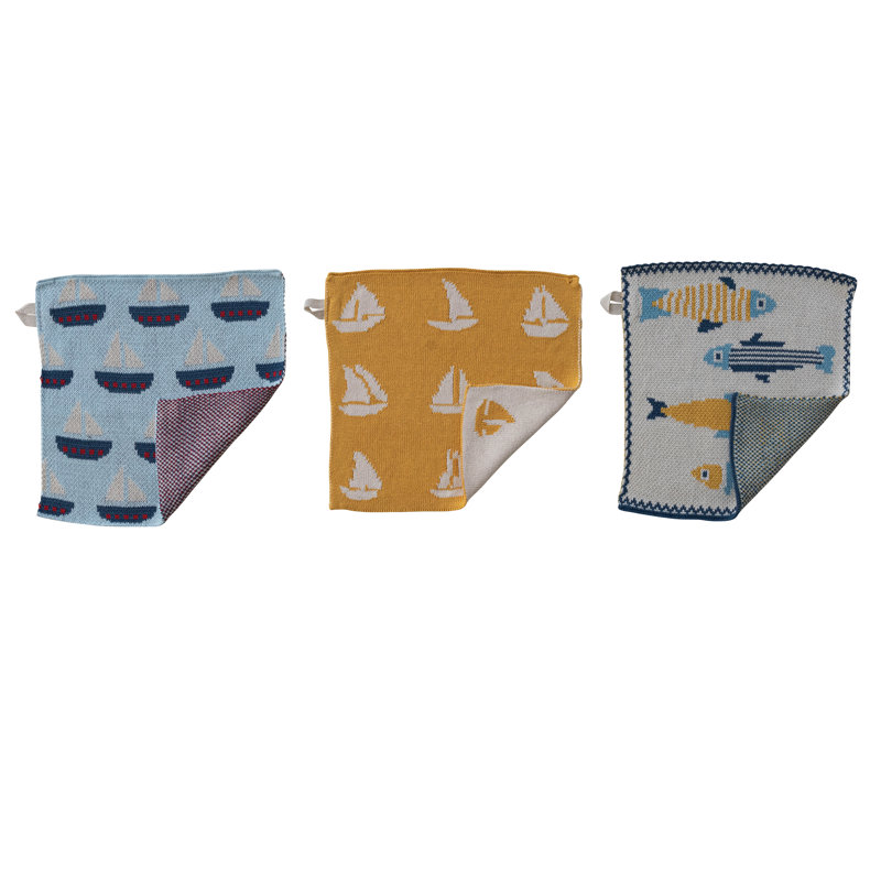 Cotton Knit Dish Cloth w Fish/Boat Pattern