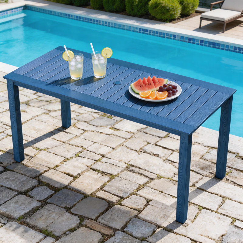 All Weather Rectangular Patio Table With Umbrella Hole And Aluminum Frame - Outdoor Furniture For Outside Backyard/Garden/Pool/Porch/Deck