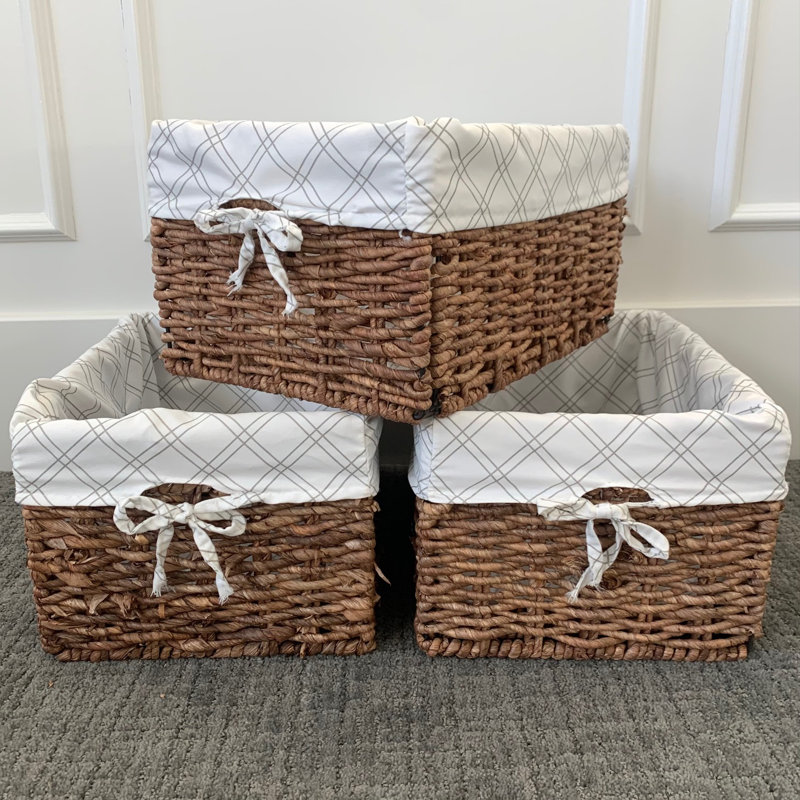 Panier de rangement rectangulaire en maïs tissé à la main - ensemble de 3 - doublure treillis, Brun / blanc