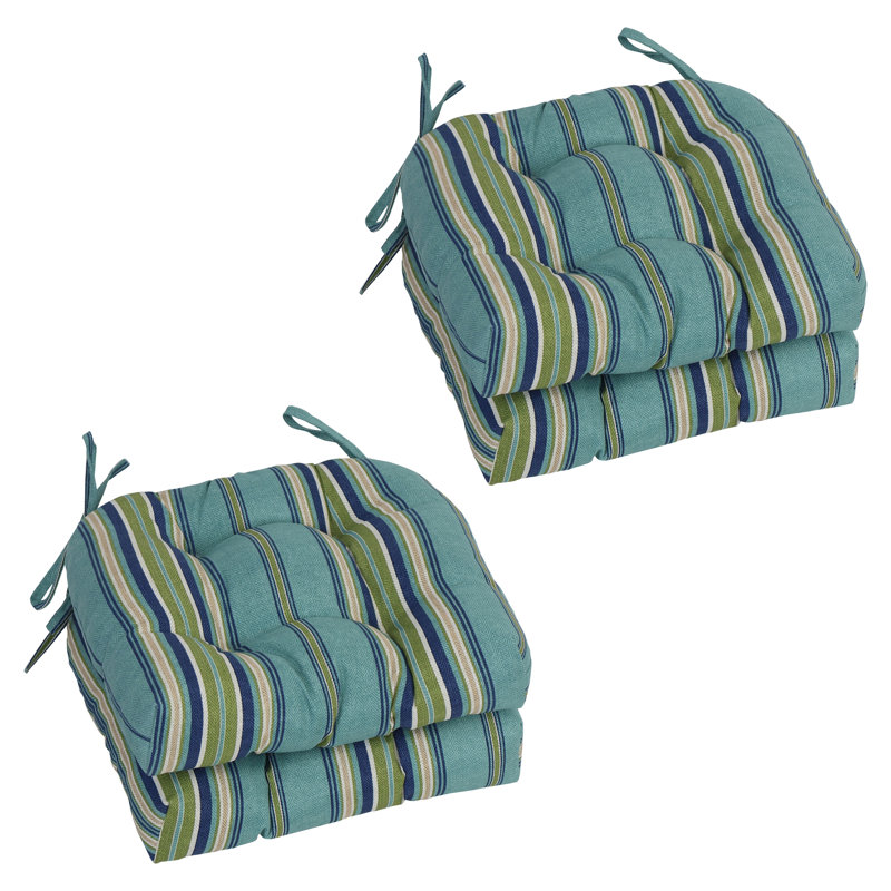 16-Inch Rounded Back Outdoor Tufted Chair Cushions (Set Of 4), Tan/Green/Blue/Terrace Breeze Striped