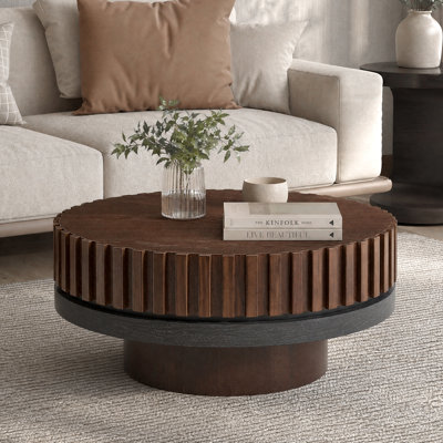 Fluted Drum Round Coffee Table, Wood Veneer Mid-Century Modern Center Table with Black Walnut Accent