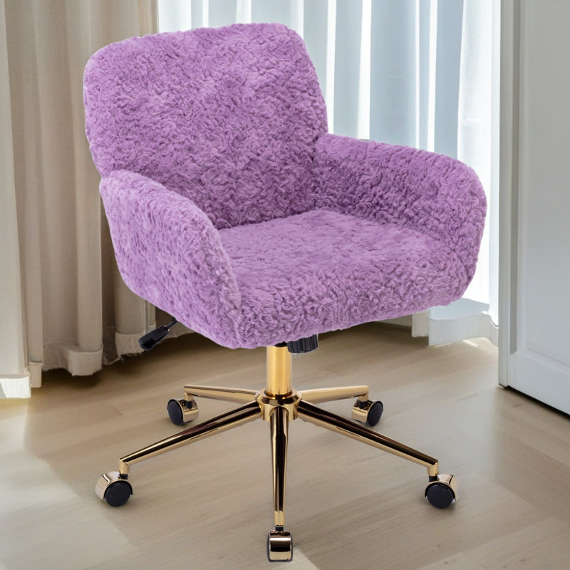 Artificial Rabbit Hair Home Office Chair With Golden Metal Base,Adjustable Desk Chair Swivel Office Chair,Vanity Chair