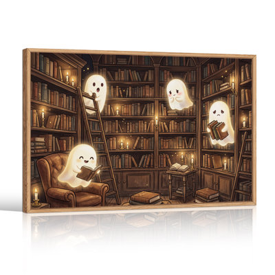 Adorables mignons fantômes lumineux lisant des livres à la bougie sur toile d'Halloween