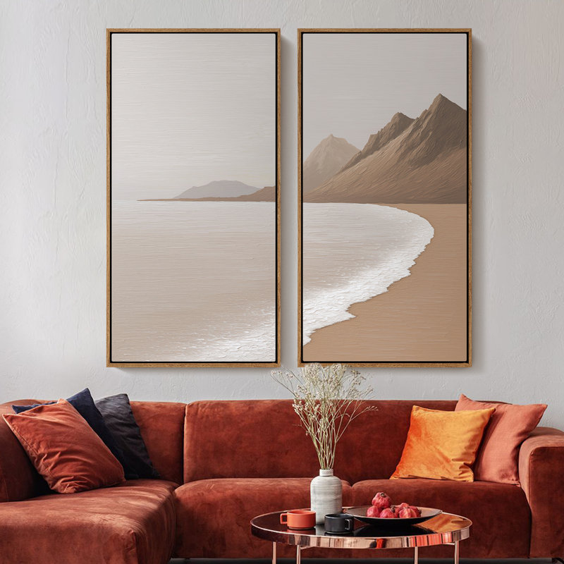 Grand ensemble d'art mural sur toile encadrée - Paysage de montagne côtière, impressions neutres de bord de mer beige et brun 60 po x 30 po x 2 pièces