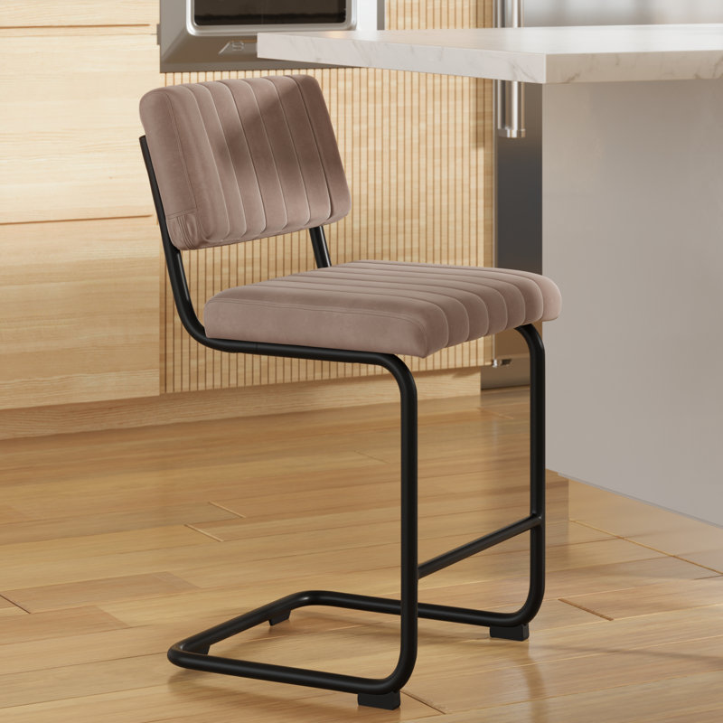 Estes Upholstered Stool with Metal Frame, Counter Stool (24" Seat Height), Platinum Gray Velvet