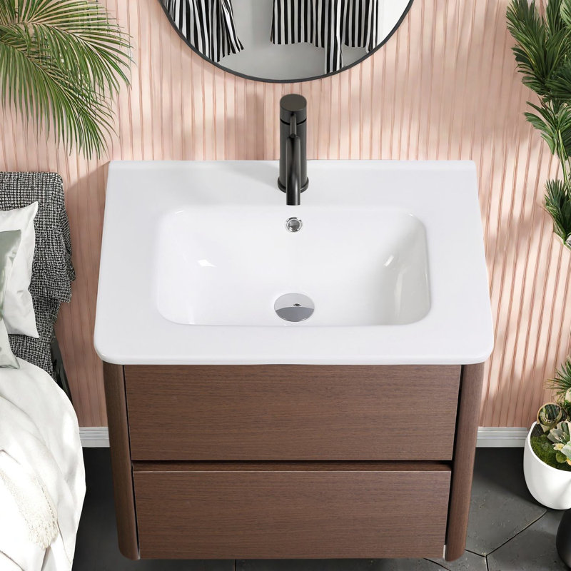 Meuble-lavabo moderne brun foncé et lavabo en porcelaine, solution de salle de bain peu encombrante