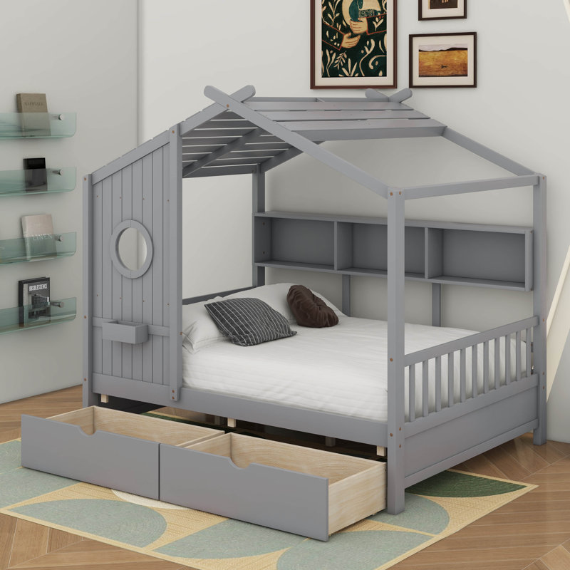 Lit double pleine grandeur avec tiroirs, Gris