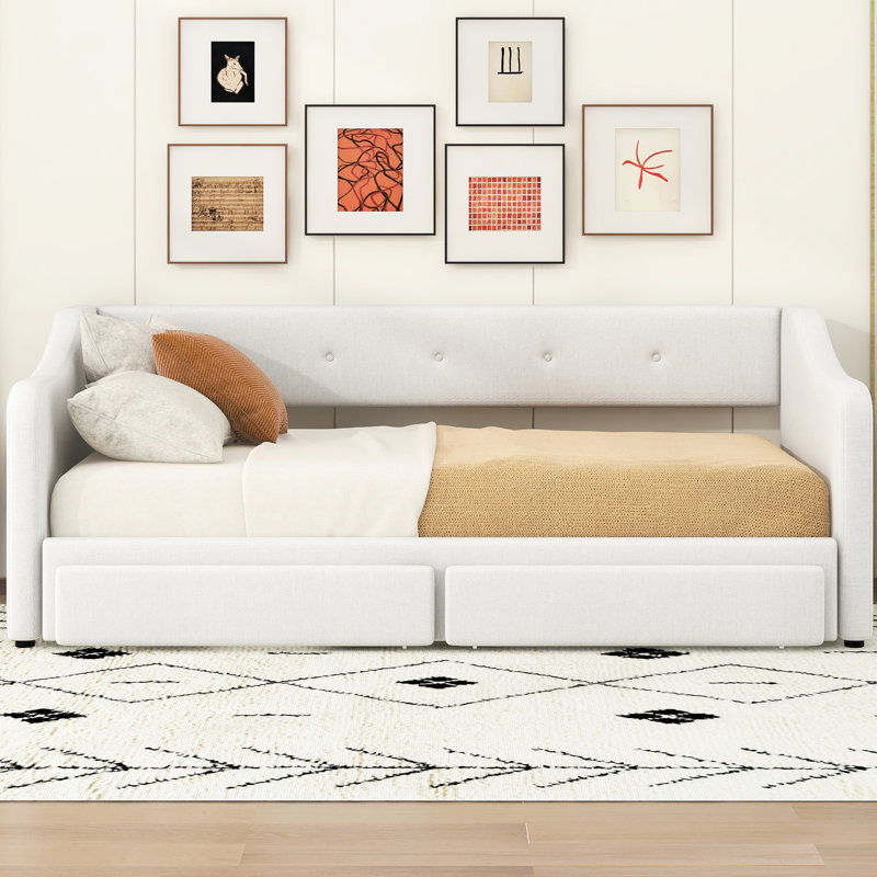 Beige, extensible, rembourré, lit de jour simple TG très grand, tiroirs coulissants, support ergonomique pour le dossier et l'accoudoir, très grand tissu doux, surfaces de tiroir rembourrées, confortable