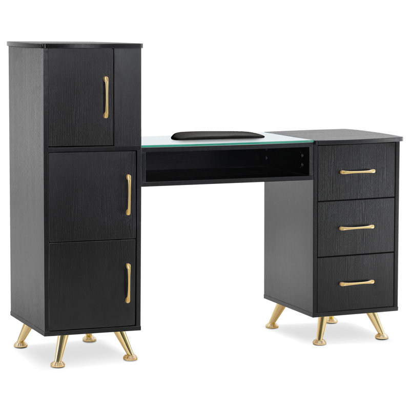 Classic Manicure Table with Glass Top, Nail Desk with Drawers, Vanity Makeup Desk, Silver