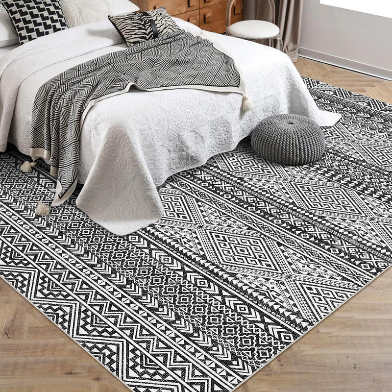 Tapis géométrique lavable et lavable Boho, L 144 po x H 108 po, Bleu