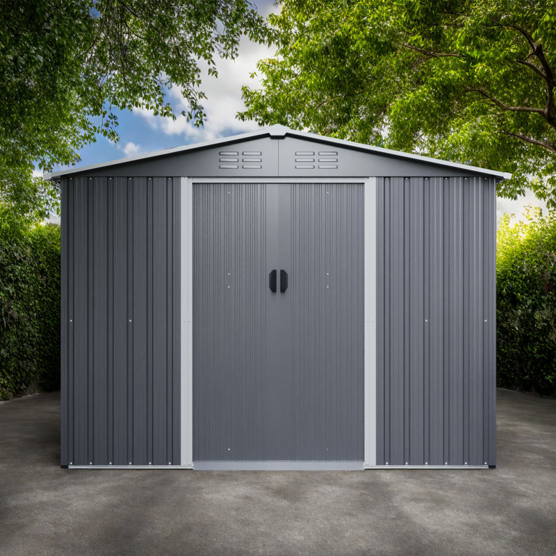 Remise à outils durable de 8 pi x 6 pi - Remise en métal résistante aux intempéries avec portes verrouillables et fondation en métal pour le jardin, le patio et la pelouse - Gris
