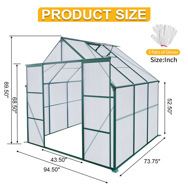 Base surélevée en polycarbonate à double porte et serres en aluminium robustes, H 89,59 po x l 94,59 po x P 73,84 po, Vert