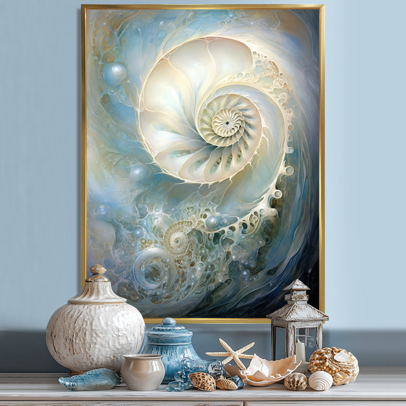 Nautilus perle bleue et blanche sur toile, Cadre flottant doré, H 20 po x l 12 po x P 1 po