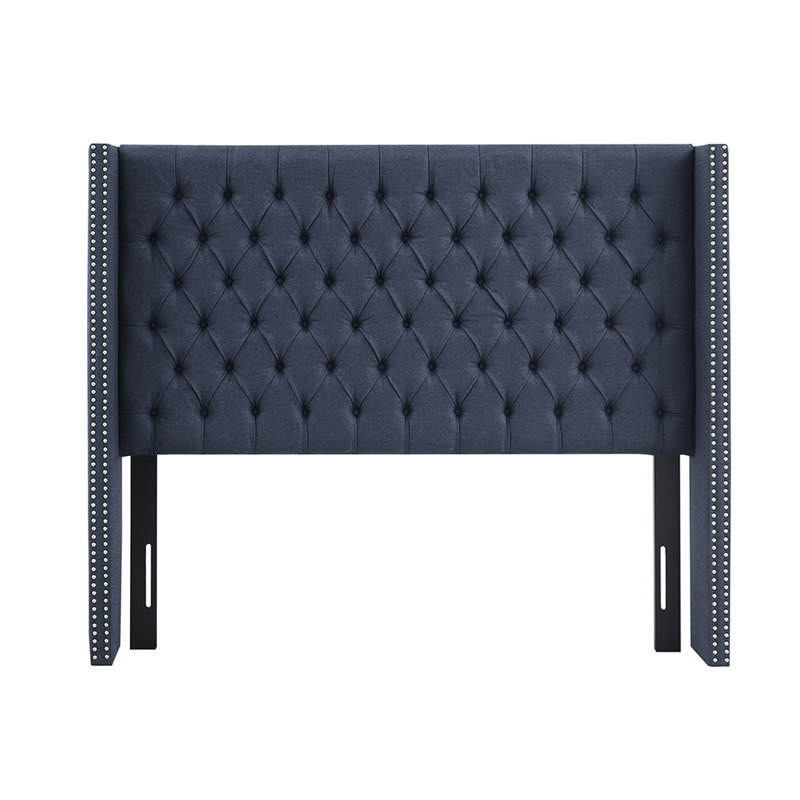Tête de lit tapissier bleu marine pour grand lit, bouton avec double décoration cloutée, pieds réglables en métal noir, assemblage requis, capitonnage et garniture inclus avec outil, revêtement, pieds noirs, ensemble