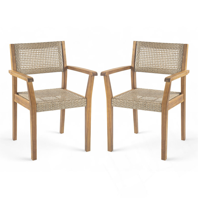Outdoor Dining Chairs Set Of 2 With Weather-Resistant Acacia Wood And Wicker Accents For Elegant Patio Seating.