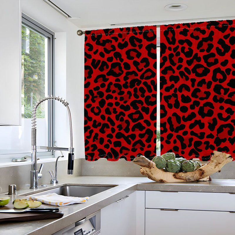 Rideaux audacieux à motif léopard 2 pièces, motif rouge et noir éclatant, tissu léger, contrôle d'intimité filtrant la lumière, style passe-tringle, parfait pour la chambre à coucher, le salon, la décoration pour adolescents