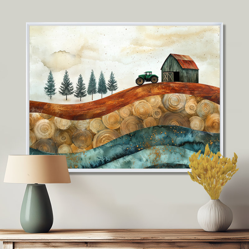 Winter Barn with Tractor Landscape On The Of The V - ferme, art mural, H 24 po x l 32 po, Picture Framed, Blanc