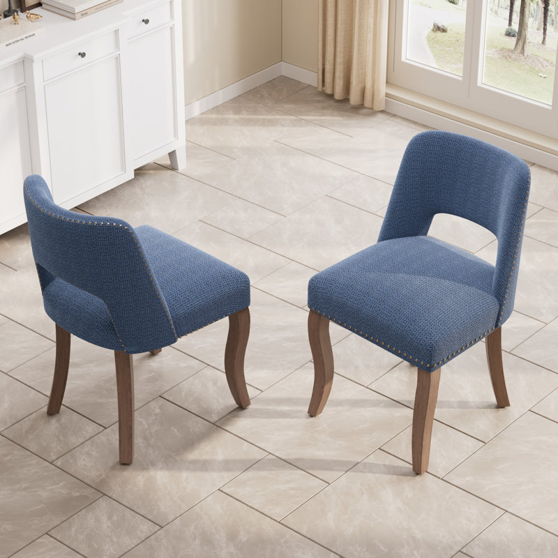French Farmhouse Dining Chairs Set of 2/4, Fabric Upholstered with Hollow-out Back Design for Kitchen, Dining, 4, Blue