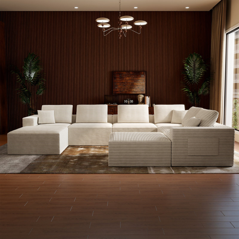 Abdou 141.7" U-Shaped Compression Sectional Sofa With Chaise, Corduroy Cloud Couch, White, White Corduroy