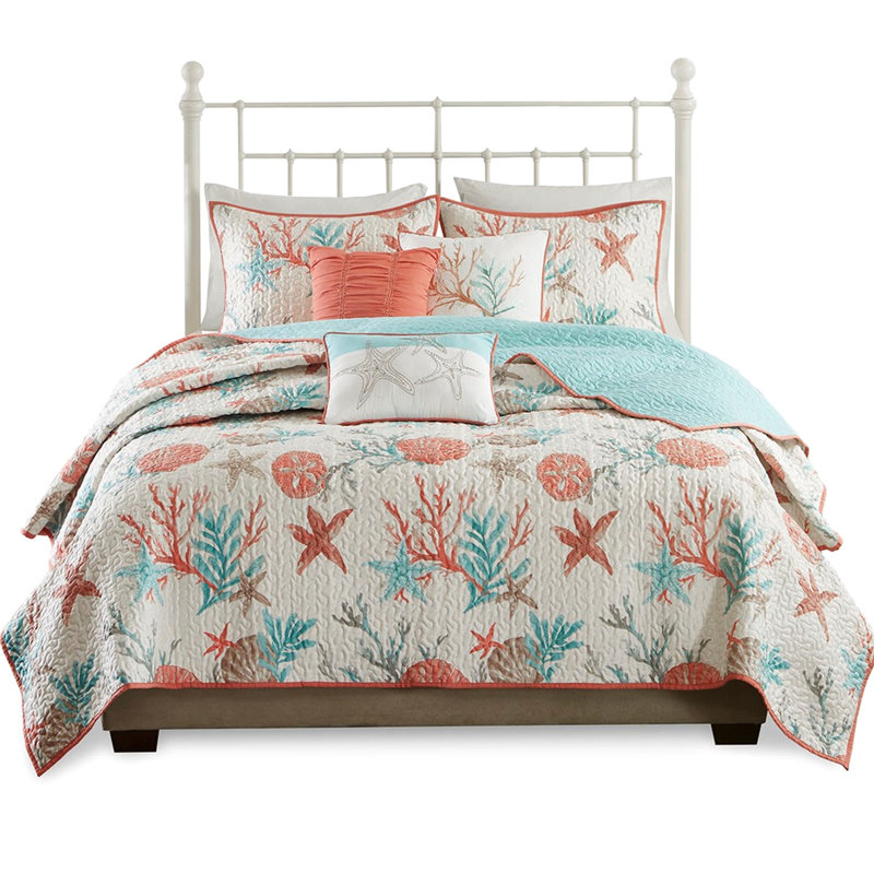Courtepointe Coral King / King - 6 pièces en coton avec coquillages imprimés, étoiles de mer et coraux pour une magnifique apparence de chambre à coucher avec lit