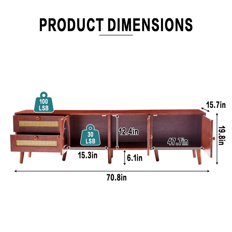 70" Rattan Tv Stands With 3 Cabinets & 2 Drawers,Led Light Entertainment Center For Tv Up To 80"
