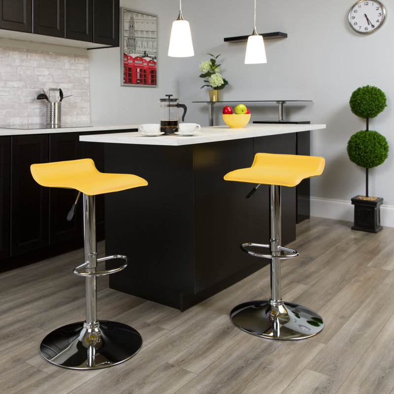 Murphy Vinyl Adjustable Height Barstool with Solid Wave Seat and Chrome Base, Yellow