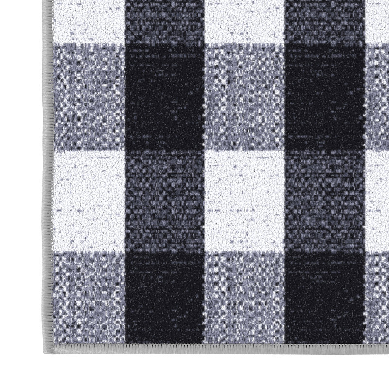 Homeline Non-Slip Rubberback Checkered Buffalo Plaid Indoor Runner Rug, Grayscale, Runner 7'10" x 25'