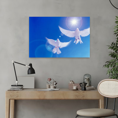 Two Doves Side By Side With Wings Outstretched In Flight With Brilliant Light And Blue Sky Abstract Contemporary Nature Landscape Art