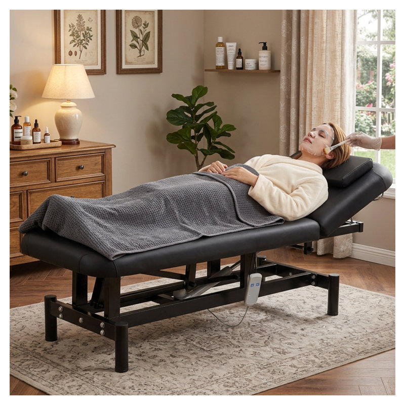 Table de massage électrique à hauteur ajustable, lit de salon robuste avec télécommande, capacité de 440 lb, structure en métal noir