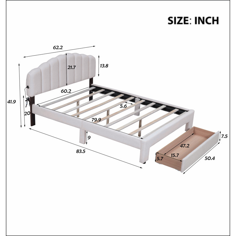 Upholstered Platform Bed with Drawer, Beige