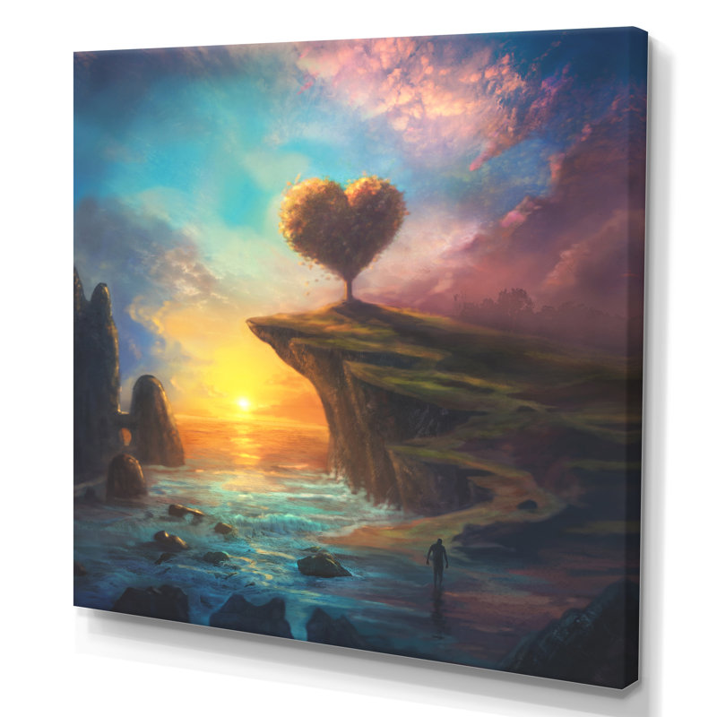 Cœur, paysage coucher de soleil - On, H 16 po x l 16 po x P 1 po, Toile tendue