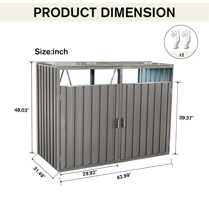 Grey Galvanized Steel Garbage Shed - Holds 2 Trash Cans , , Easy To Empty And Clean With Water Spray Metal Storage For Lawn Steel, Rust-, Scratch-, Ventilated
