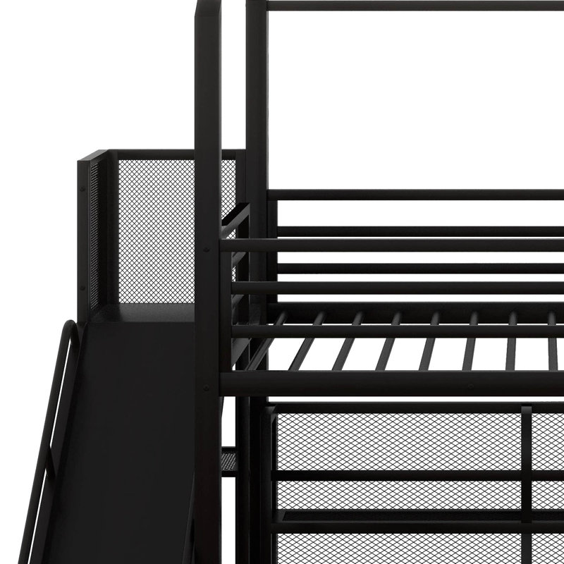 Structure de lit mezzanine en métal avec tablettes en fer et glissoire, structure de lit simple avec échelle et garde-corps