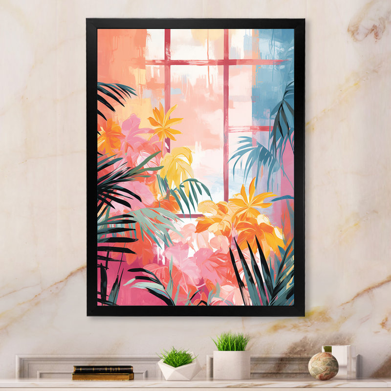 Pastal Colour Tropical Windows View 1 - Abstract Floral Wall Art, Black Single Picture Framed, 20" H x 12" W x 1" D