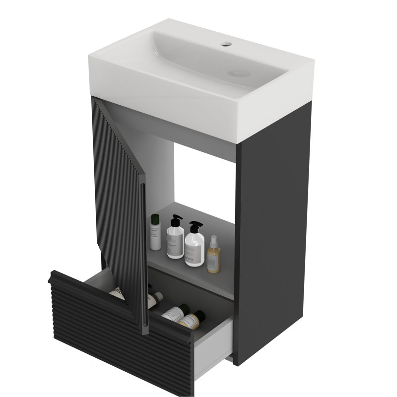Meuble-lavabo autoportant avec évier en céramique et surface d'eau Matt Black