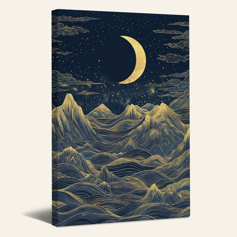 Art mural sur toile Golden Crescent Moon Over Stylized Mountains, H 30 po x l 20 po