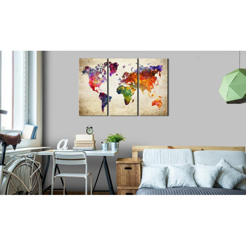 Carte du monde à l'aquarelle, 3 pièces, H 24 po x l 36 po x P 0,7 po