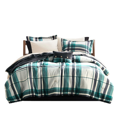 Twin Xl Plaid Comforter Bed Sheet - 7 Piece Teal/Black Microfiber Bedding, Filling, Contrasting On Pillowcase, Machine Washable, Safe Skin And Pcs Classic Design, Coordinating Solid Sheet, Proof